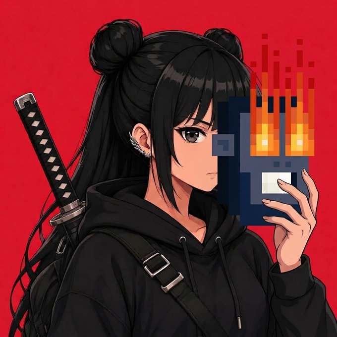An anime-style illustration of a young woman with black hair in twin buns holding a dark, blocky mask with glowing orange flames, with a katana strapped to her back against a solid red background.