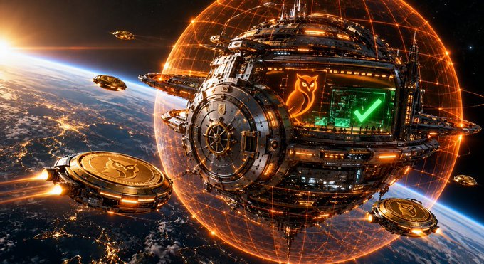 A sci-fi illustration of a futuristic space station with an owl emblem and green checkmark display, surrounded by an orange energy grid field, with smaller spacecraft orbiting Earth below.