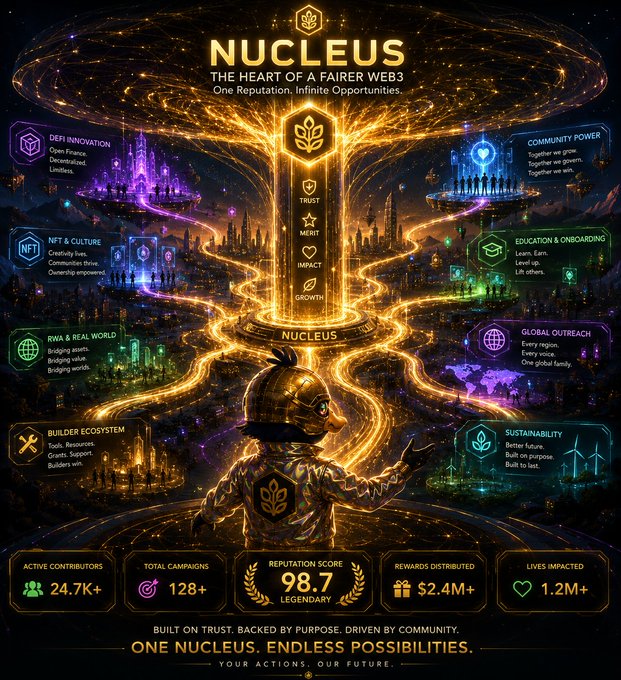 An elaborate Web3 infographic for 'NUCLEUS' branding it as 'The Heart of a Fairer Web3,' featuring a golden central pillar surrounded by category icons and statistics like 24.7K+ active contributors and $2.4M+ in rewards distributed.