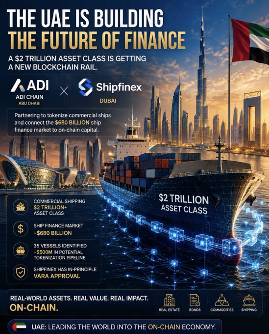 This promotional graphic announces a partnership between Abu Dhabi's ADI Chain and Dubai's Shipfinex to tokenize commercial ships, featuring key stats: a $2 trillion+ commercial shipping asset class, $680 billion ship finance market, and 35 vessels identified with ~$500M in the tokenization pipeline. The accompanying post highlights how this UAE-led initiative is bringing real-world shipping assets onto the blockchain, with the image's call to action "THE UAE IS LEADING THE WORLD INTO THE ON-CHAIN ECONOMY" reinforcing the post's message about the country's aggressive blockchain ambitions.