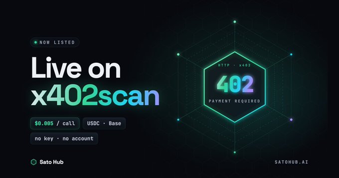 A digital advertisement graphic announces 'Live on x402scan' with pricing of '$0.005 / call' using 'USDC • Base', featuring a hexagonal '402 PAYMENT REQUIRED' design and branding for 'SatoHub' and 'SATOHUB.AI'.