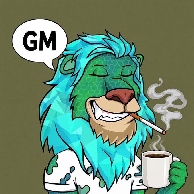 A cartoon illustration of a smiling green and blue lion with a cigarette in its mouth and a steaming coffee mug, with a speech bubble saying 'GM'.