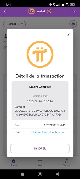 The image shows a mobile wallet transaction confirmation screen titled "Détail de la transaction" confirming a successful "Smart Contract" function "mint" on Testnet Pi, dated 2026-08-28 at 16:35:20, with a fee of 0.0269889 Test-Pi and contract address "CDQCDZCT6T0G6VAQNSBDQC3DG37EZJW2M43VZ5GYVKLWOYC6YPWY7XD." This screenshot serves as proof of the first successful smart contract execution for the Reputa Score NFT collection mint, as mentioned in the announcement.