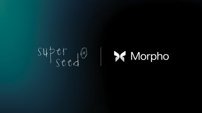 The image features the "superseed" logo (with a small circle containing an X) alongside the "Morpho" butterfly-style logo on a dark gradient background, visually representing the partnership announced in the post about Morpho Steakhouse USDC offering 4.03% earnings now available in the Superseed app's strategy marketplace on Ethereum.