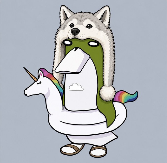 Illustration of a husky dog wearing a green scarf riding on a white unicorn with a rainbow mane and tail.