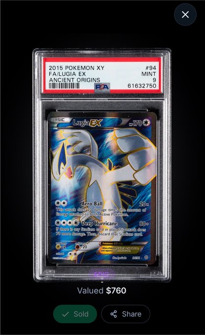 A PSA-graded 2015 Pokémon XY Ancient Origins Lugia EX card #94 in Mint 9 condition, sold for $760, showing the holographic full-art card in a protective case with PSA certification label.