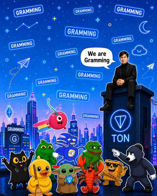 A promotional graphic featuring cartoon mascots and a man in black sitting on a TON (Toncoin) pillar, with multiple 'GRAMMING' text bubbles scattered across a nighttime cityscape background.