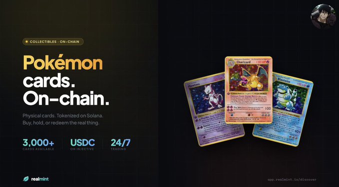 An advertisement for 'Pokémon cards. On-chain.' by real.mint, promoting physical tokenized Pokémon cards on Solana with 3,000+ cards available and 24/7 trading on Injective.