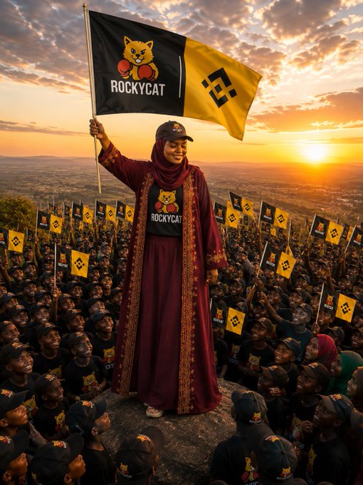 An AI-generated image showing a woman in a maroon robe and cap holding a 'ROCKYCAT' flag with a Binance logo, standing elevated above a massive crowd holding similar flags at sunset.