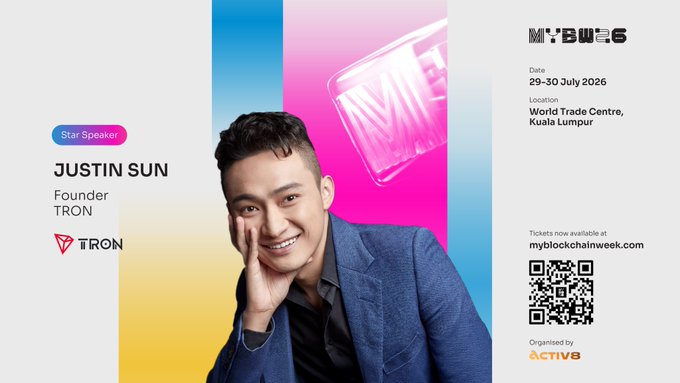 A promotional graphic for Malaysia Blockchain Week (MBW26) featuring Justin Sun, Founder of TRON, as a Star Speaker, with the event scheduled for 29-30 July 2026 at the World Trade Centre in Kuala Lumpur—teasing his upcoming appearance at the conference.