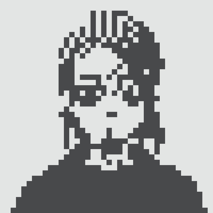 Pixelated black and white illustration of a stylized figure wearing glasses, presented in a low-resolution 8-bit art style.
