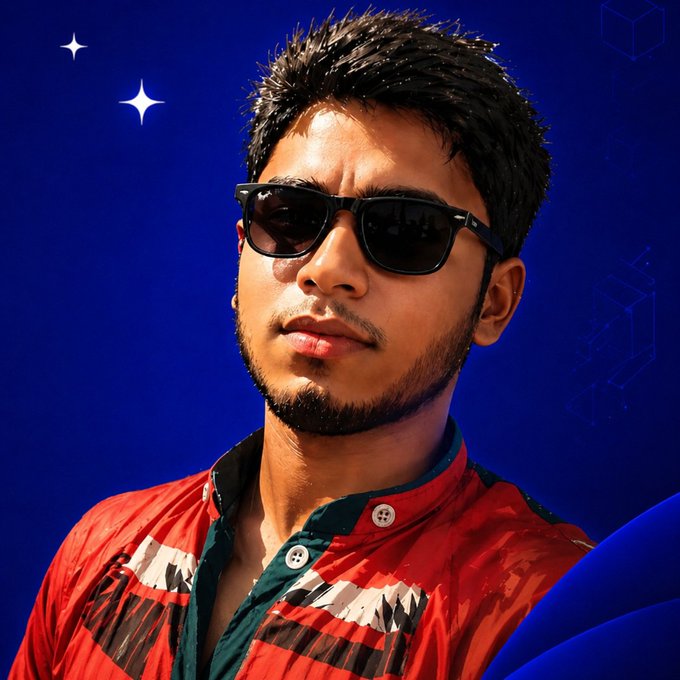 A portrait of a man with dark hair and a beard wearing black sunglasses and a red patterned shirt against a deep blue background featuring sparkle effects and a subtle cube outline.