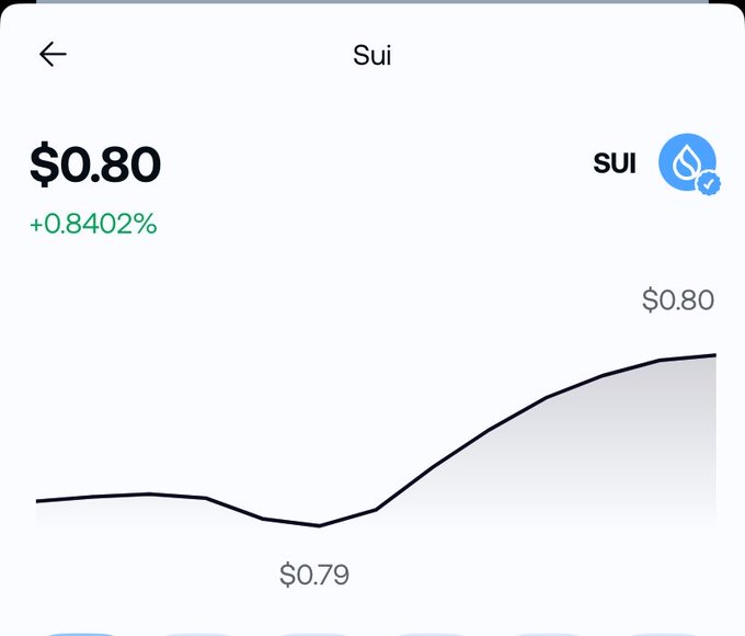 A mobile app screenshot displaying the price of the cryptocurrency 'Sui' (SUI) at $0.80 with a +0.8402% gain, accompanied by a line chart showing a recent price dip and recovery.