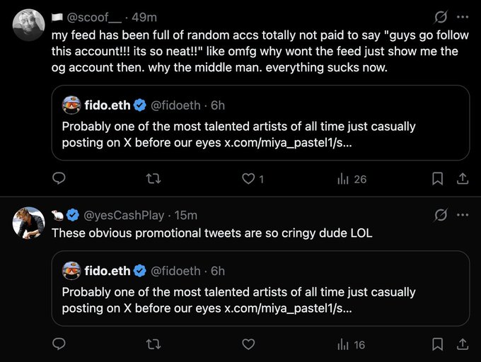 Two X/Twitter posts from @scoof_ and @yesCashPlay criticizing @fidoeth's tweet about a talented artist as being an obvious paid promotional post.