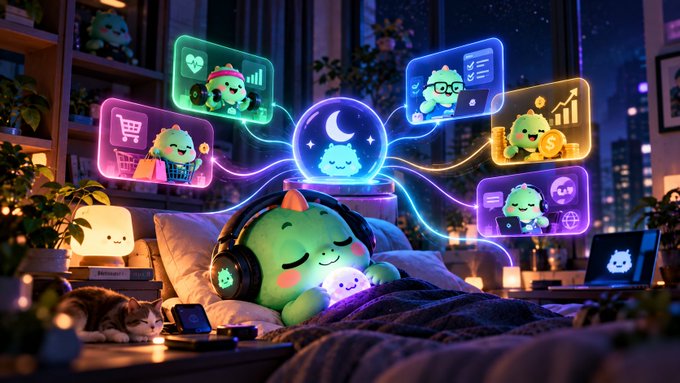 A cute 3D illustration of a green dragon-like character wearing headphones and sleeping on a pillow, with glowing app icons representing shopping, health, charts, and shopping activities floating around.