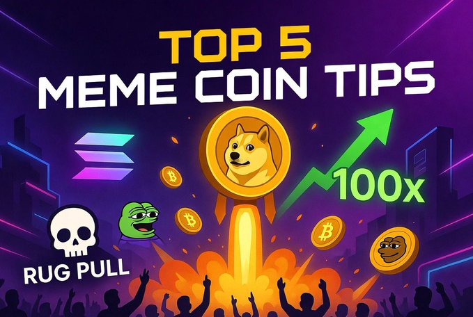 A vibrant promotional graphic titled 'TOP 5 MEME COIN TIPS' featuring a Dogecoin rocket launch, a '100x' upward arrow, Pepe the Frog, a skull with 'RUG PULL' text, and a Solana logo.