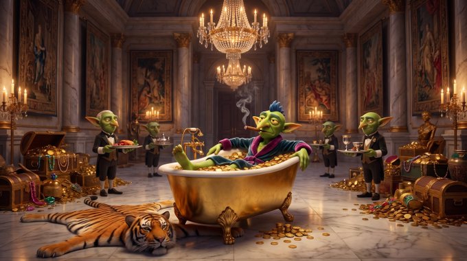 A green-skinned goblin-like creature relaxes in a golden bathtub filled with coins inside an opulent palace, surrounded by servants and treasure chests, with a tiger resting nearby.