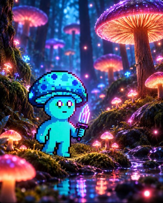 A pixel-art blue mushroom character holding a glowing purple sword stands in a vibrant, bioluminescent forest filled with glowing fungi and sparkling lights. The image evokes a whimsical, fantasy aesthetic that complements the post's enthusiastic promotion of an upcoming crypto airdrop, suggesting adventure and reward for community members.