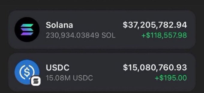 The image displays a crypto wallet portfolio showing Solana holdings of 230,934.03849 SOL valued at $37,205,782.94 (up $118,557.98) and USDC holdings of 15.08M USDC valued at $15,080,760.93 (up $195.00). This appears to be a classic crypto scam giveaway post, using a screenshot of significant wallet holdings to lend false credibility to a "send your address" trick designed to steal funds.