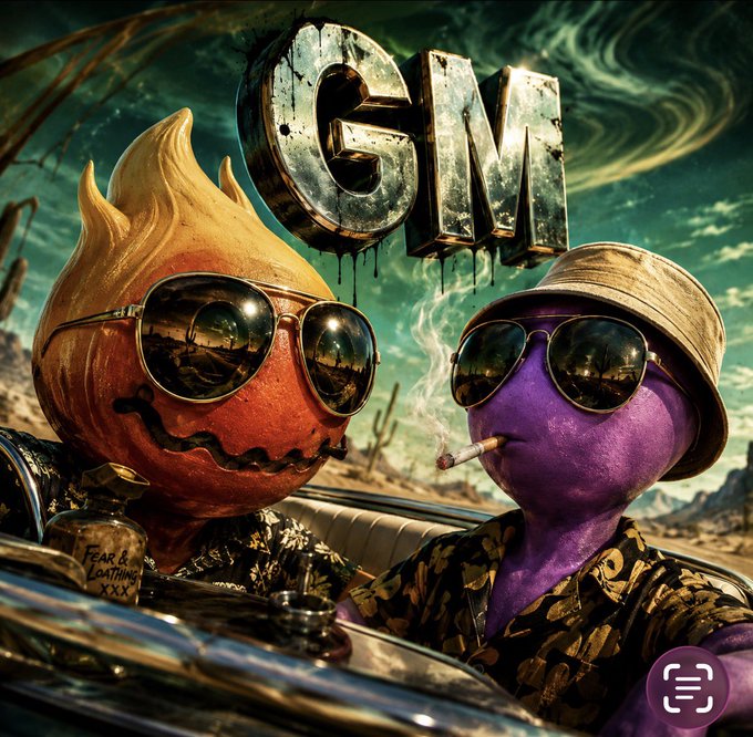 A stylized graphic features two characters in sunglasses—one a flame-headed orange figure and the other a purple figure smoking a cigarette—sitting in a car under the large metallic letters "GM."