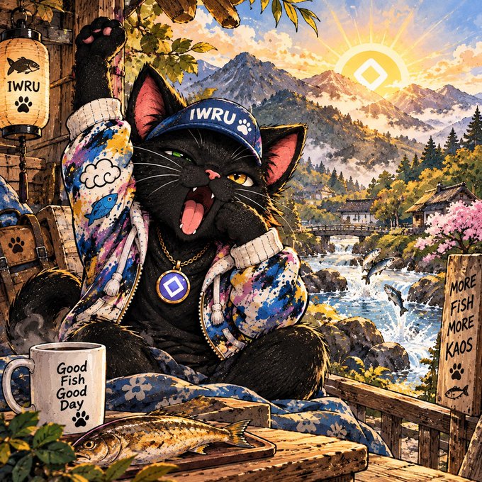 An illustration shows a black cat wearing an 'IWRU' cap and colorful jacket, with a paw raised, sitting near a 'Good Fish Good Day' mug; a sign reads 'MORE FISH MORE KAOS'.