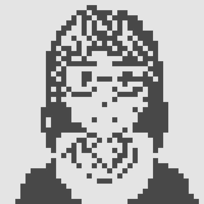 A pixel-art style dark gray portrait on a white background showing a bearded person wearing glasses.