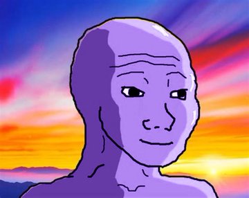 A digital drawing of a bald, purple-hued humanoid figure set against a vibrant orange and blue sunset sky.
