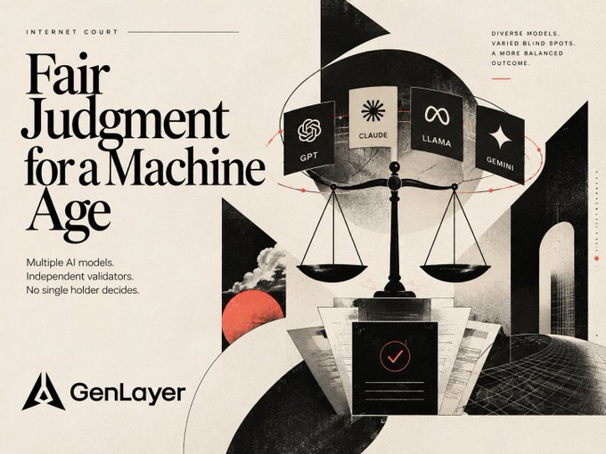 A GenLayer promotional graphic titled 'Fair Judgment for a Machine Age' features a scale balancing cubes labeled GPT, Claude, Llama, and Gemini, highlighting a 'Internet Court' with diverse AI models and independent validators.
