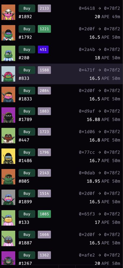 The image displays a list of NFT purchases on what appears to be the ApeChain marketplace, showing various transactions with prices ranging from 16.5 to 20 APE, all with token IDs from early numbers (#133 to #1892). The tweet references an ApeChain intern making early purchases, and the screenshot supports this claim by showing low-token-ID NFT acquisitions at relatively consistent APE prices, demonstrating broad and inclusive participation on the chain since its early days.