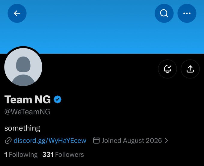 A Twitter/X profile screenshot for 'Team NG' (@WeTeamNG), verified, with bio 'something', a Discord link (discord.gg/WyHaYEcew), joined August 2026, 1 following and 331 followers.