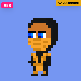 A pixel art character labeled '#98 Ascended' depicting a figure with dark hair and blue eyes against a blue background.