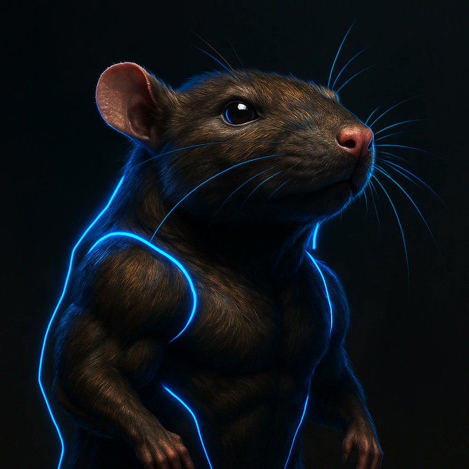 A digital rendering of a muscular dark brown rat standing upright, illuminated by glowing blue neon lines outlining its body against a dark background.