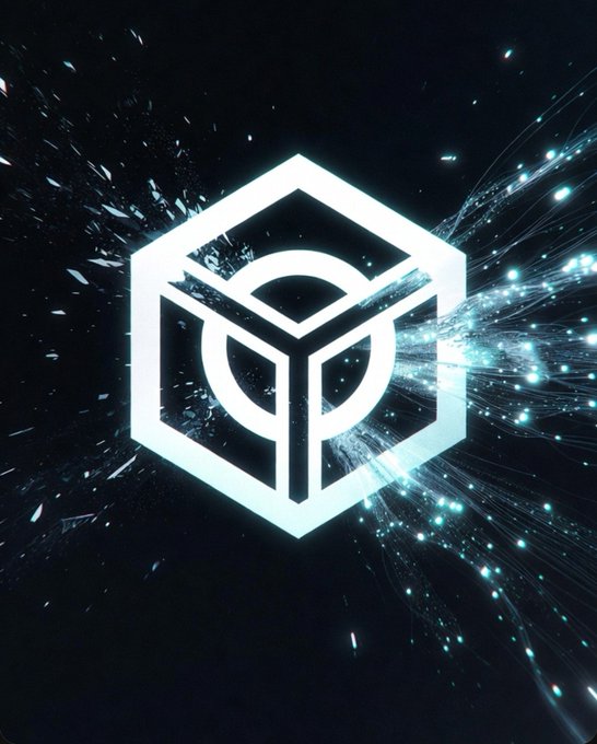 A glowing cyan geometric cube logo with interconnected circular symbols floats against a dark cosmic background with radiating particle streams, visually echoing the post's theme of a decentralized, structured reputation system. The design's bright, network-like aesthetic reinforces Nucleus Codes' promise of measuring genuine onchain contributions rather than rewarding superficial noise.