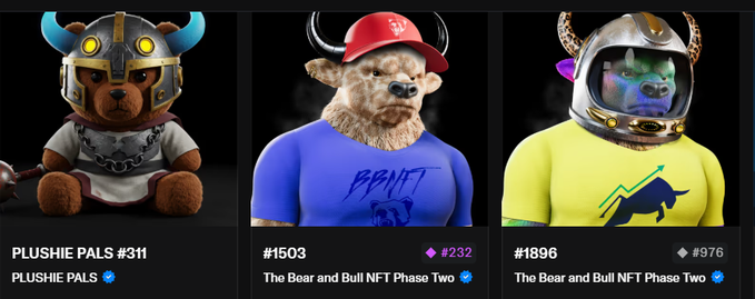 A digital marketplace displaying three NFT character collectibles: a teddy bear in a viking helmet ('PLUSHIE PALS #311'), a bear in a red cap ('#1503'), and a bear in an astronaut helmet ('#1896').