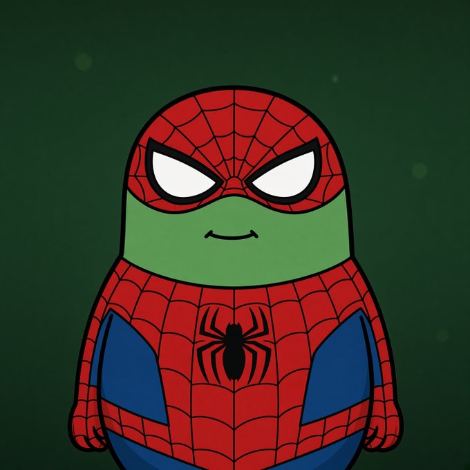 A cartoon illustration of a chubby green-skinned character wearing a red and blue Spider-Man costume with the iconic spider emblem on the chest, set against a dark green background.