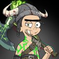 A cartoon character with a horned helmet, dark hair, and glowing green markings, holding a staff, set against a dark background.