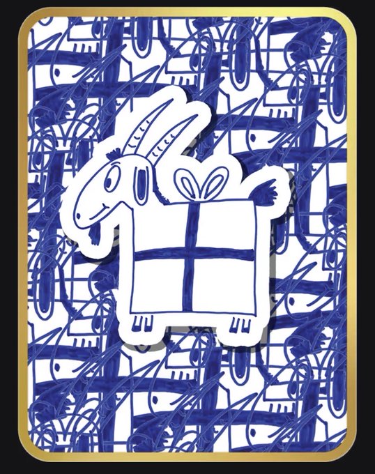 A stylized blue and white doodle illustration features a cartoon goat holding a gift box in the center, surrounded by a chaotic pattern of blue scribbles on a white background. The image, designed by Gary Vaynerchuk, visually represents the "GOAT" series from his VeeFriends NFT collection, with the goat character symbolizing the achievement of becoming a "Greatest Of All Time" token holder, specifically #199 out of 555 in the collection.