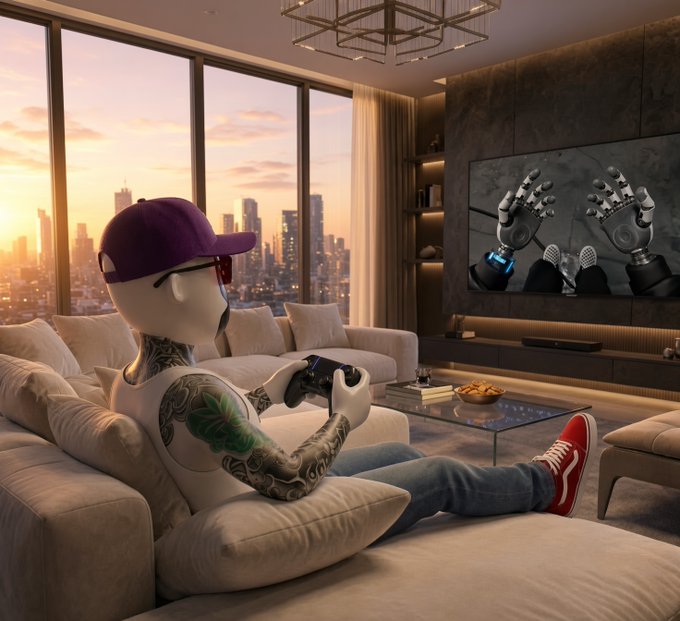 A humanoid figure with purple cap, sunglasses, and tattooed arm relaxing on a couch playing video games, watching a TV showing robotic hands, with a sunset city skyline visible through the window.