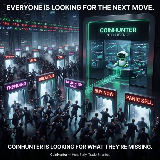 Promotional graphic for 'COINHUNTER' with text 'EVERYONE IS LOOKING FOR THE NEXT MOVE.' and 'COINHUNTER IS LOOKING FOR WHAT THEY'RE MISSING.', depicting a chaotic trading scene with labels like 'TRENDING', 'BREAKOUT', 'FOMO', 'BUY NOW', and 'PANIC SELL'.