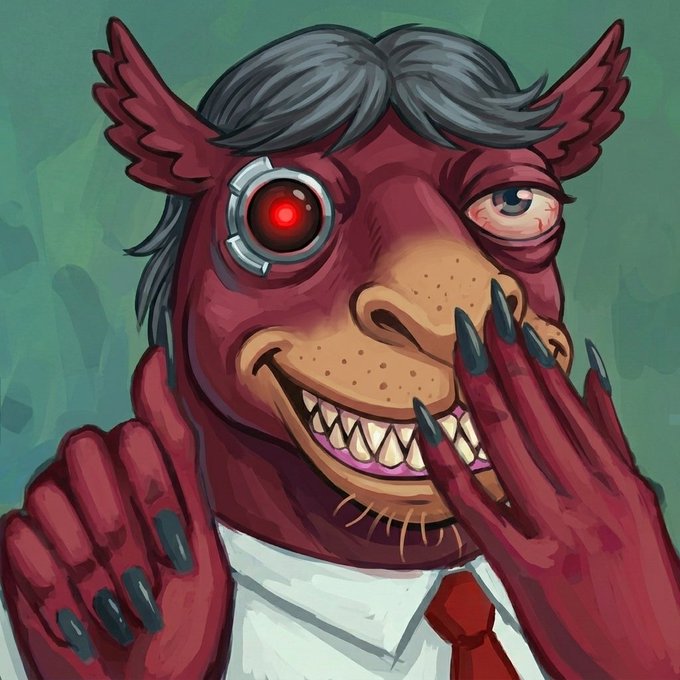 A digital illustration of a red, bat-winged anthropomorphic creature wearing a suit and tie, with a cybernetic red eye and a mischievous, toothy grin, covering its mouth with clawed hands.