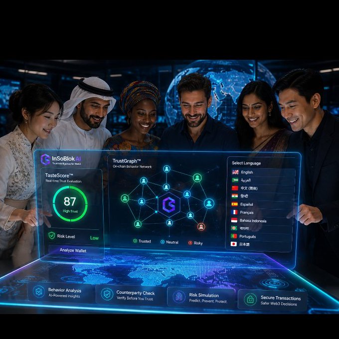 A group of six diverse individuals gathered around a glowing digital interface for InSoBlokAI, which displays a TrustGraph On-chain Behavior Network, a TasteScore of 87 (High Trust), and various security features.