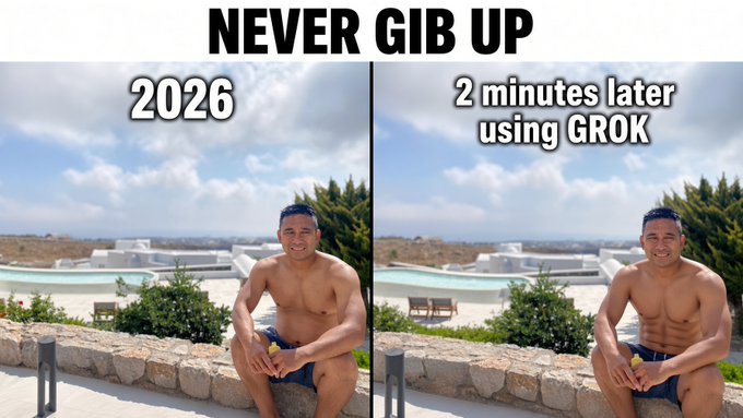 A side-by-side comparison meme showing a man in 2026 (left) and "2 minutes later using GROK" (right), where his body has been transformed to be more muscular, illustrating the "never give up" motivational theme with humor about instant AI-generated results. The bold "NEVER GIB UP" header playfully mocks motivational perseverance by showing an unrealistically quick physical transformation achieved through Grok rather than genuine effort.