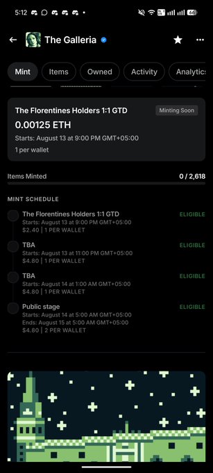 A mobile app screenshot for 'The Galleria' showing NFT minting information including 'The Florentines Holders 1:1 GTD' at 0.00125 ETH and a mint schedule listing The Florentines Holders, TBA, and Public stage with prices of $2.40, $4.80, $4.80, and $4.80 per wallet.