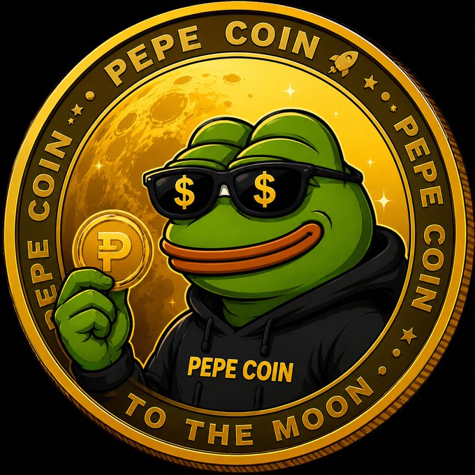 A gold "PEPE COIN" commemorative coin features the iconic green Pepe the Frog wearing dollar-sign sunglasses and a black hoodie, holding a smaller coin embossed with "P," set against a lunar backdrop with the inscription "TO THE MOON" along the bottom—perfectly capturing the post's rallying cry for community-driven meme token hype and bullish crypto ambitions.