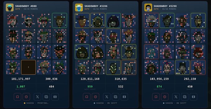 Three CryptoPunks NFT collection panels (Shadowboy #808, #3286, #3298) showing pixel-art avatars with stats like "16/16 MINERS," point counts in the hundreds, and shift statuses.