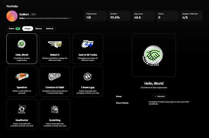 A dark-themed crypto portfolio dashboard for user '0xMert' displaying 118 trajectories, 95.8% verified rate, 48.8 average score, and various achievement badges like 'Hello, World', 'Nailed It', and 'Speedrun'.