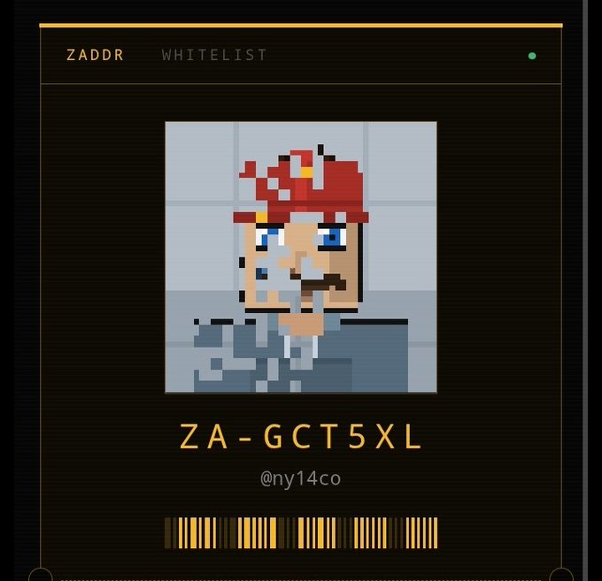 A pixel art digital card on a dark background labeled 'ZADDR WHITELIST' features a portrait of a character with red and white hair. Below the image is the text 'ZA-GCT5XL', the handle '@ny14co', and a golden barcode.