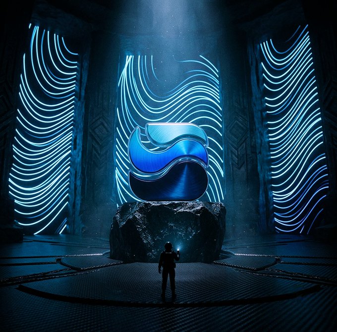 A cinematic 3D render shows a person standing on a circular platform looking up at a large, glowing blue metallic logo resembling the Solana emblem, displayed on a stone pedestal surrounded by curved neon light patterns in a dark chamber.
