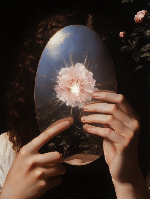 A classical-style painting showing a person holding a round mirror that reflects a glowing, luminous pink flower against a dark background.