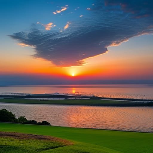 A vibrant sunset over a calm body of water with a coastal green in the foreground, featuring a striking cloud formation above the setting sun.
